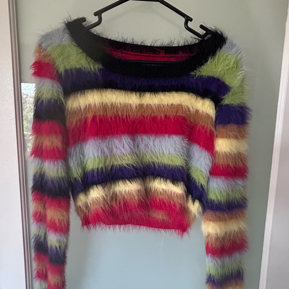 Multicolor Fuzzy Acrylic Faux Fur Striped Crop Top